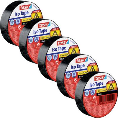 Päť roliek čiernej izolačnej pásky Tesa Iso Tape je zoradených vedľa seba, každá s červenými štítkami udávajúcimi špecifikácie: 10 m x 15 mm, vhodné pre 7000 V.