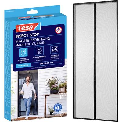Produktová krabica pre tesa Insect Stop magnetickú clonu s samozatváracou sa sieťkou na dverách pre otvory 90 x 210 cm vedľa panela sieťovej clony.