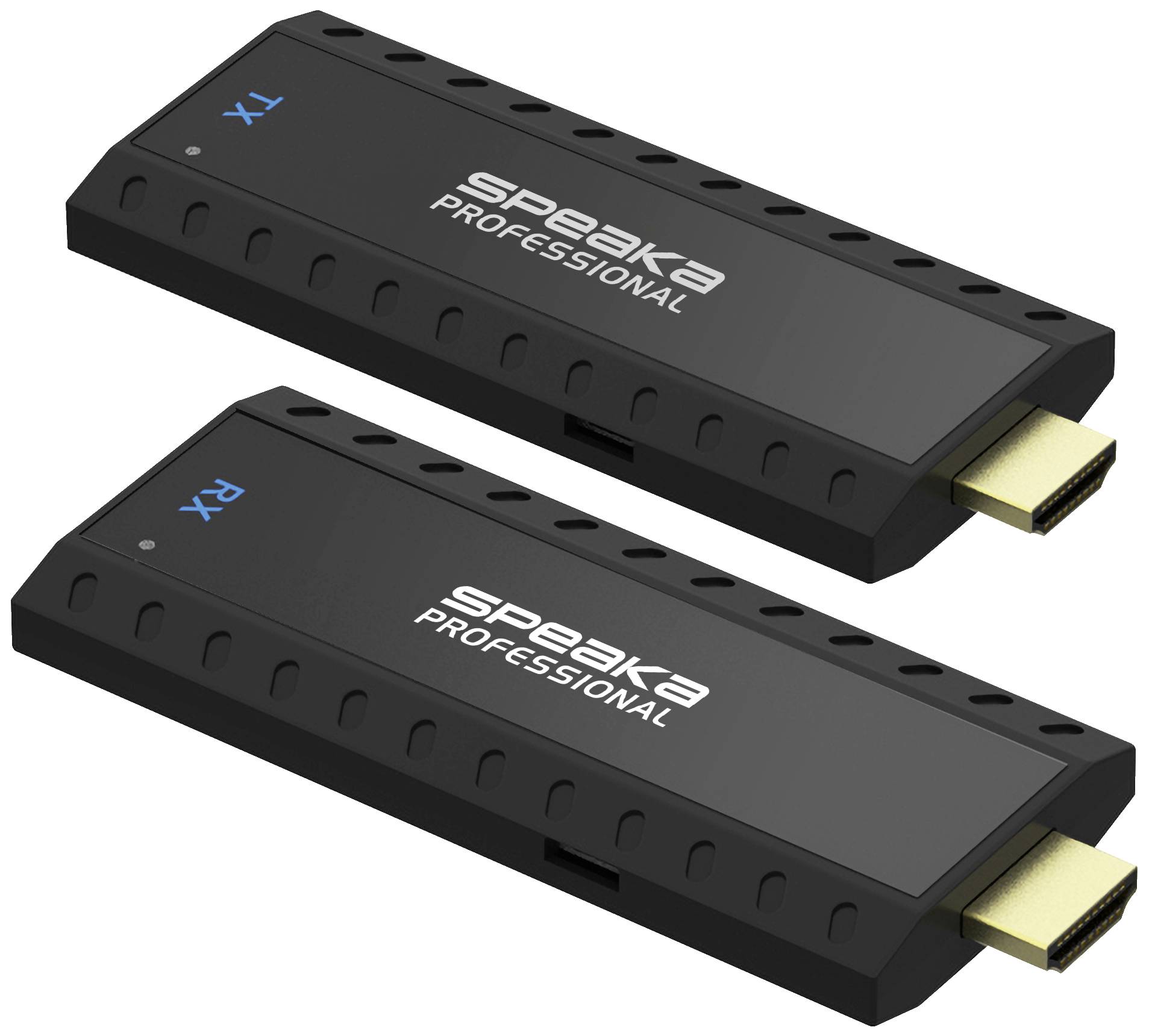 Dva čierne HDMI adaptéry s nápisom 'Speaka Professional', jeden označený 'RX', druhý 'TX', určené pre bezdrôtový prenos.