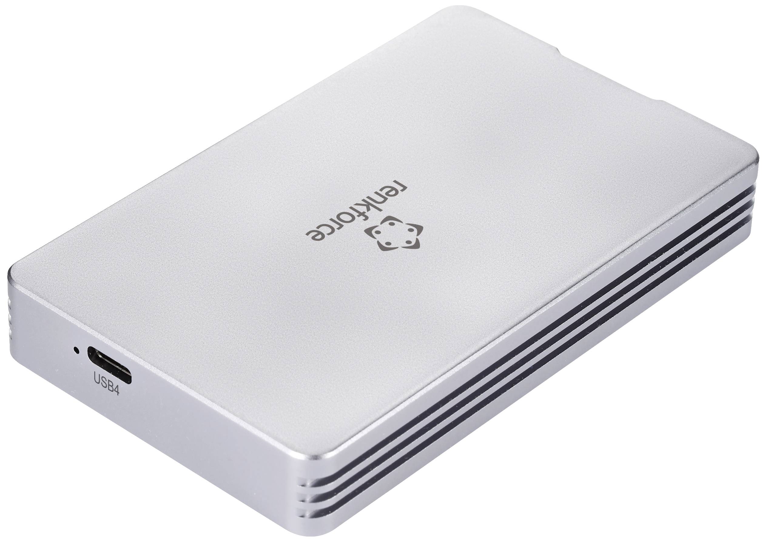 Externý box na pevný disk zo striebra, značky 'fenkforce', s USB4 portom. Vhodný na uchovávanie a prenášanie pevných diskov.