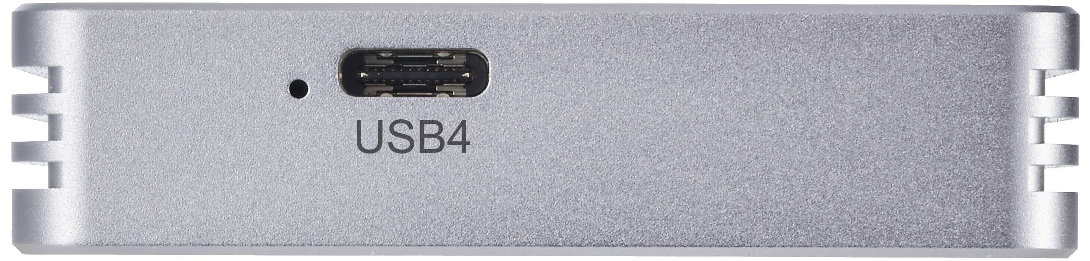 Strieborné zariadenie USB4 s konektorom USB-C.