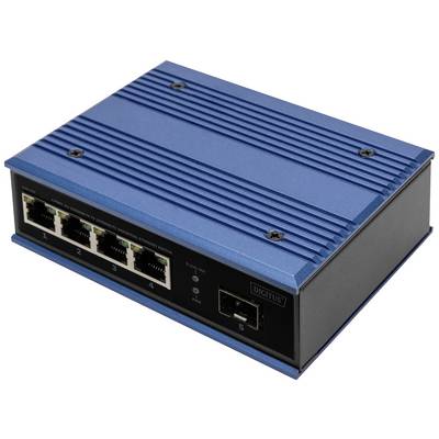 Modrý sieťový switch so štyrmi ethernetovými portami a optickým konektorom na prednej strane, s logom výrobcu na boku.