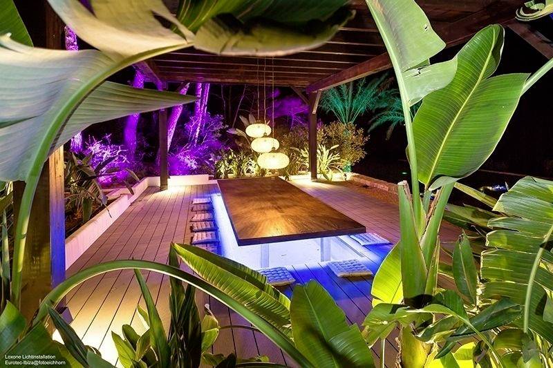 Osvetlený, moderný bazénový priestor s drevenou terasou, obklopený tropickými rastlinami. Atmosférické svetlá vo fialových odtieňoch osvecujú scénu.
