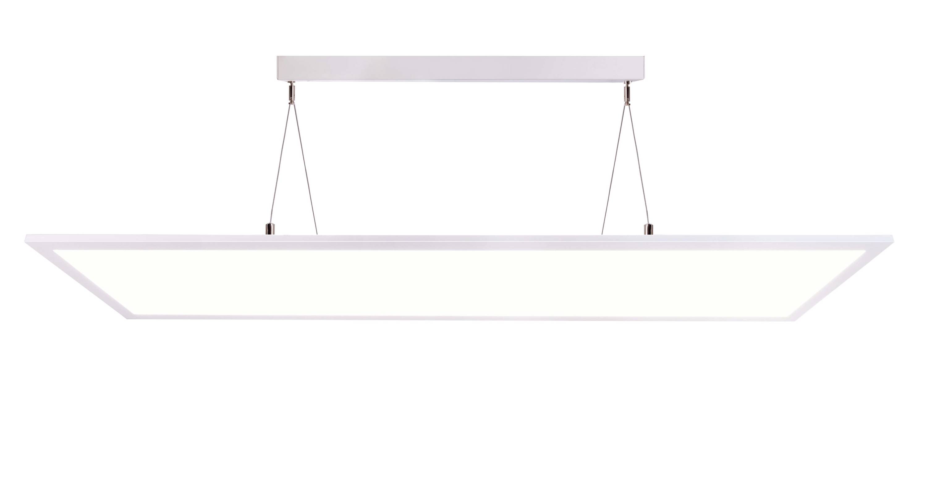 Obdĺžniková, plochá LED závesná lampa s úzkym rámom a tenkými káblami, zavesená horizontálne. Moderné svetelné riešenie.