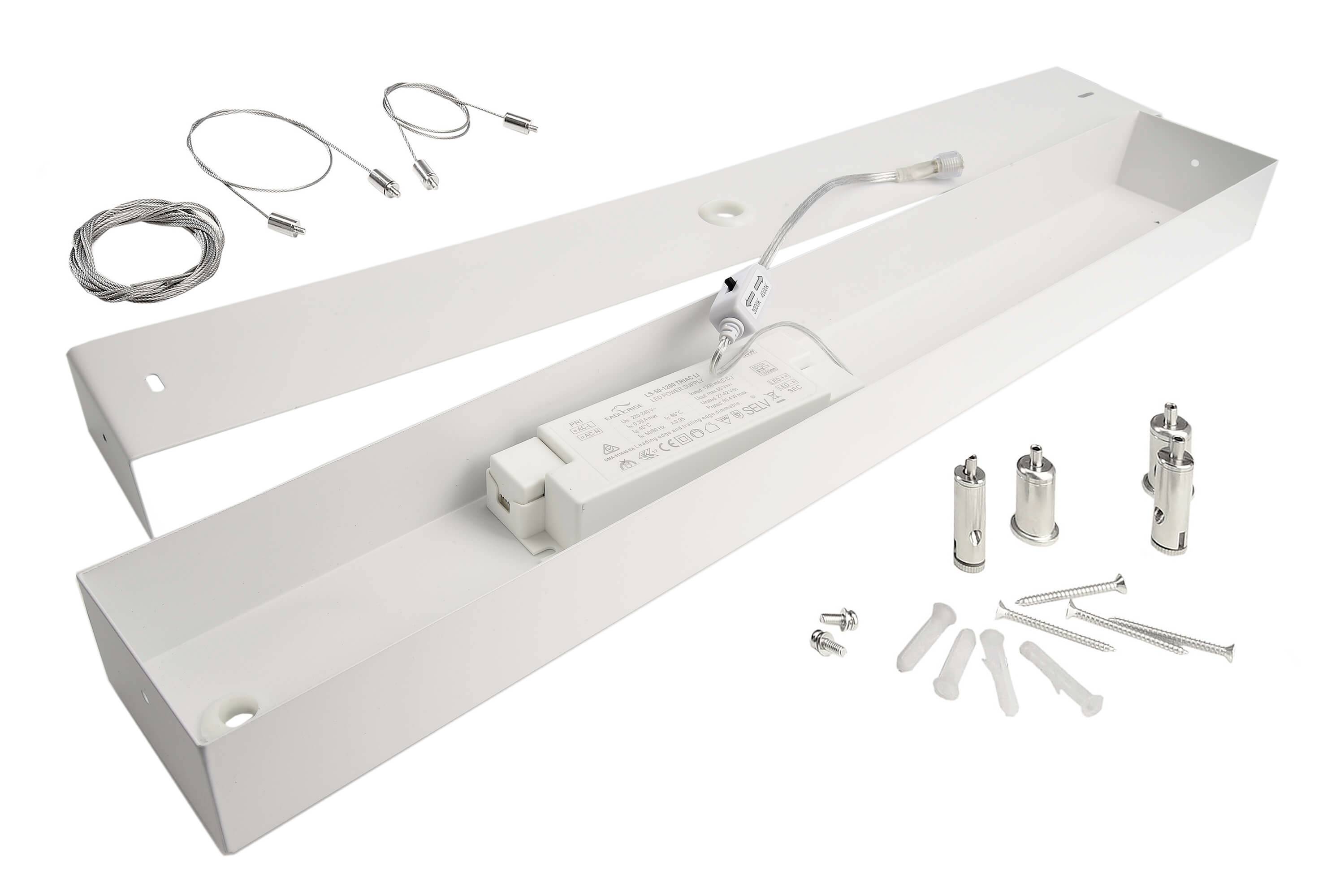 LED svetelná sada s obdĺžnikovým rámom, oceľovými lankami, držiakmi a skrutkami. Obsahuje montážne príslušenstvo a ovládač.