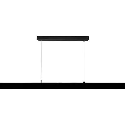 Moderná, obdĺžniková, čierna závesná lampa, upevnená na dvoch lanách, visiaca horizontálne vo vzduchu. Ideálna pre minimalistické priestory.