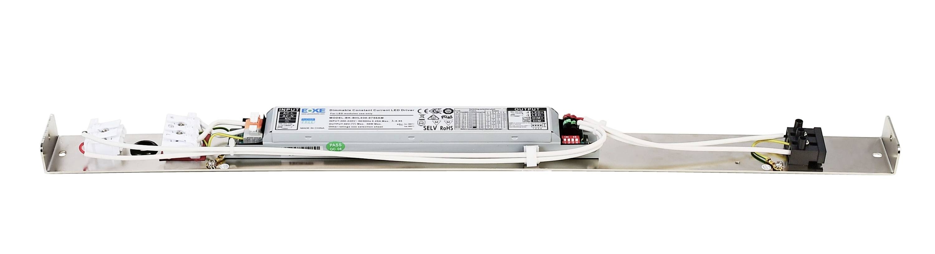 Elektronický predradník s káblami a konektormi, namontovaný na kovovej doske. Vhodný pre žiarivkové alebo LED svietidlá.