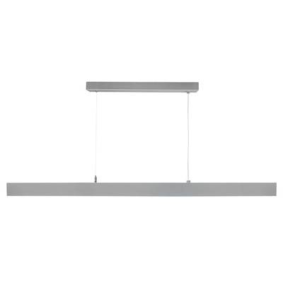 Moderná, minimalistická závesná lampa v obdĺžnikovom kovovom dizajne, v sivej farbe, so zavesením na dvoch miestach od stropu.