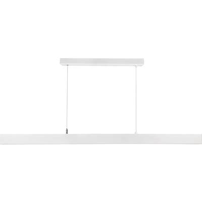 Biela, obdĺžniková LED závesná lampa zavesená na dvoch lankách, vhodná do moderných interiérov.