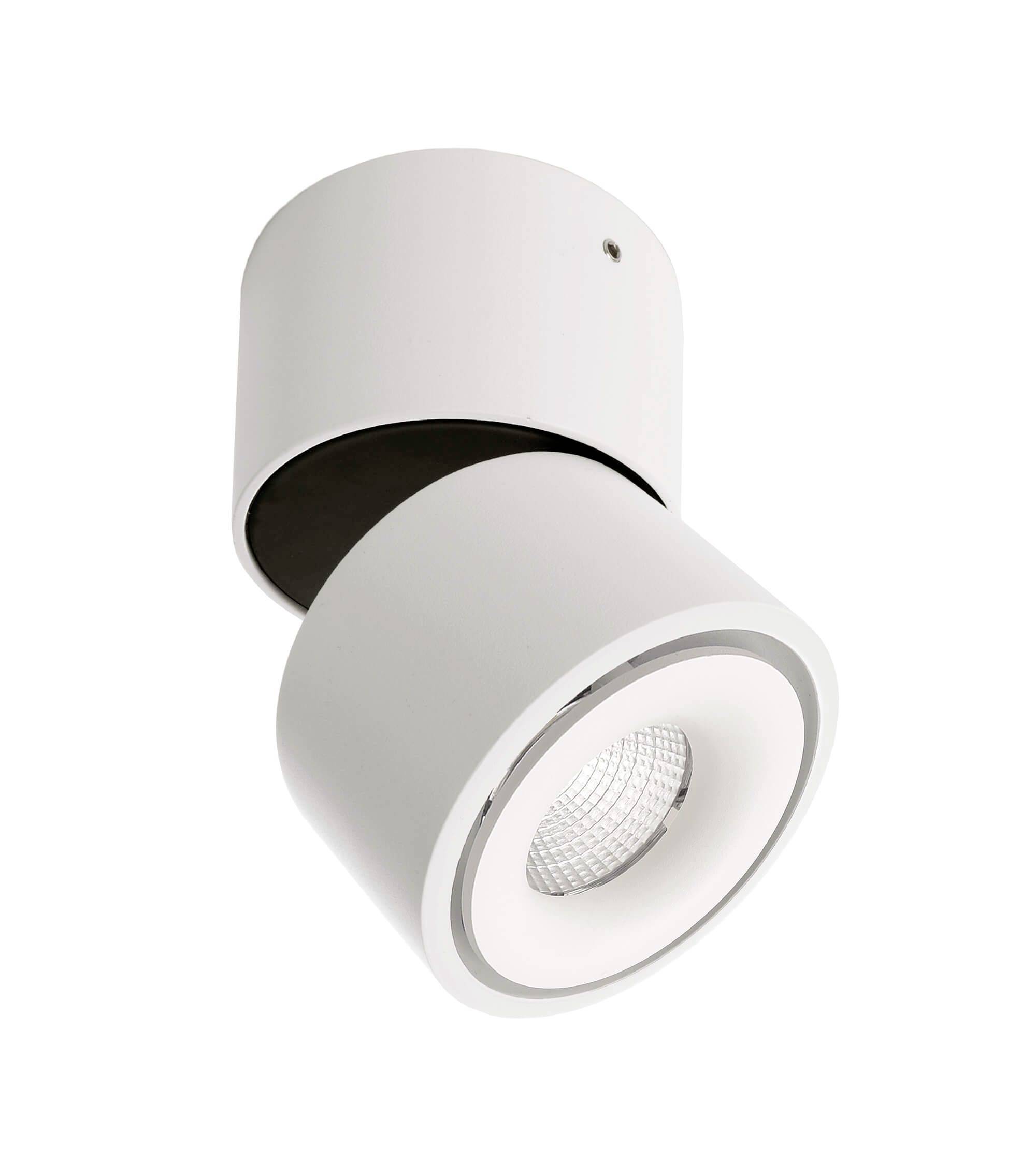 Biela, valcovitá stropná lampa s nastaviteľným reflektorom pre smerované osvetlenie.