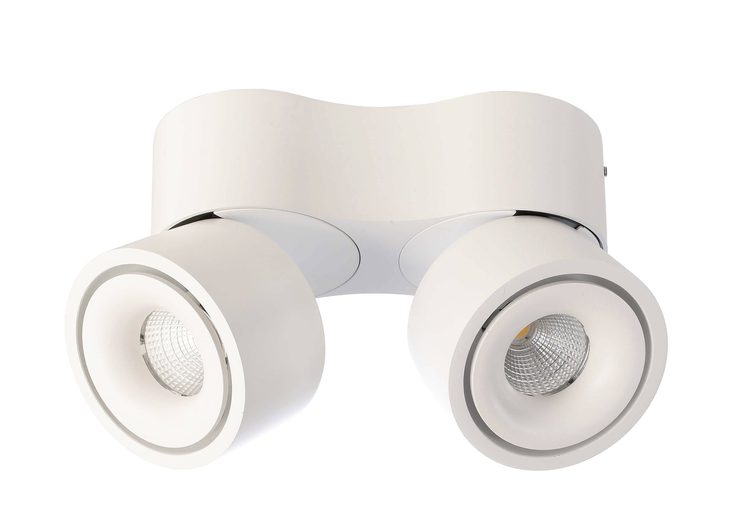 Biela stropná lampa s dvoma cylindrickými svetlometmi smerujúcimi nadol. Ideálna pre cielené osvetlenie.