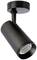 Čierny valcový stropný reflektor z kovu, smerovaný nadol, s okrúhlou základňou a nastaviteľnou hlavou pre cielené svetlo.
