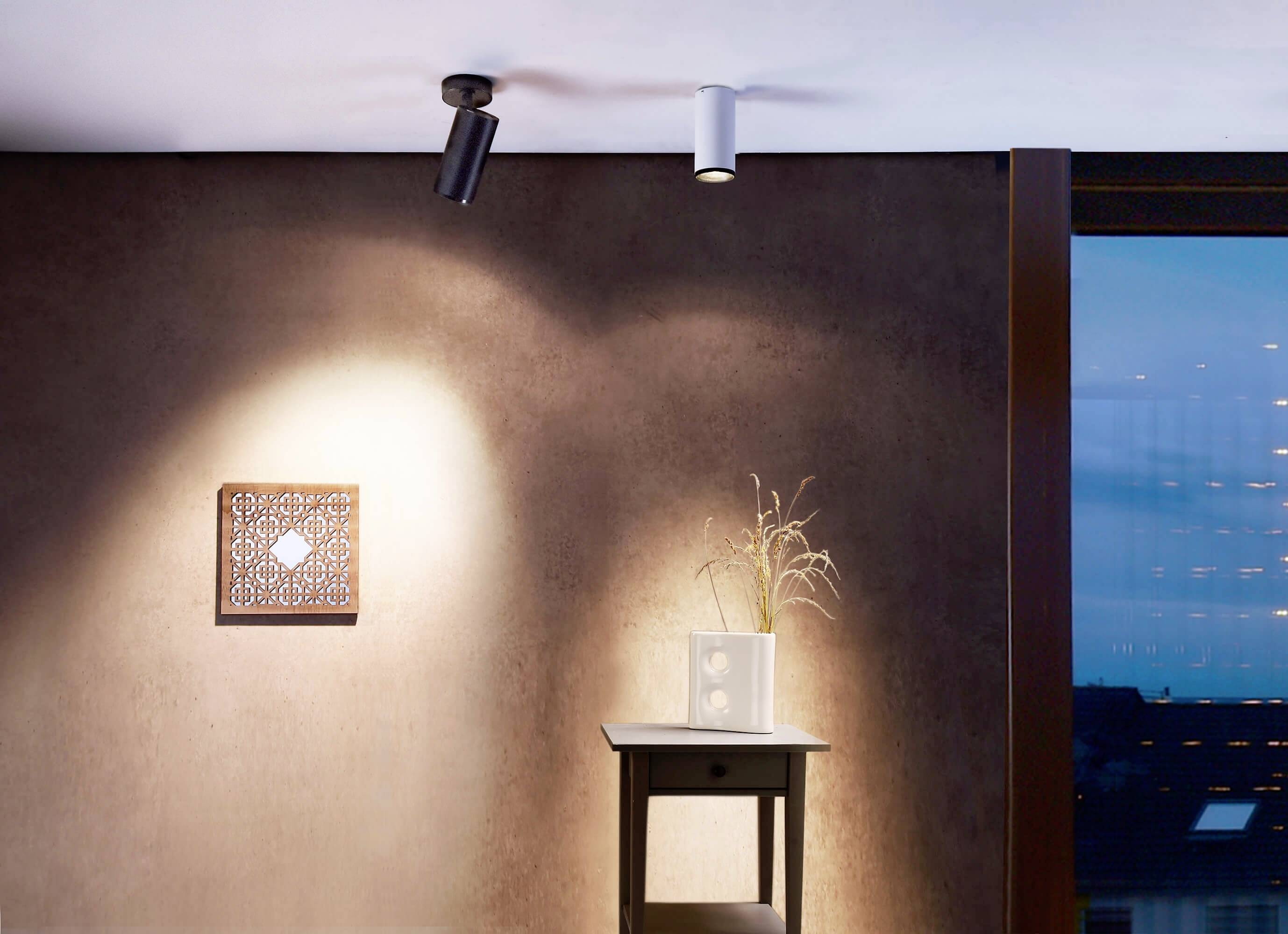 Minimalisticky zariadená miestnosť s tmavou stenou, na ktorej visí umelecké dielo. Pod ním stojí stôl s vázou, osvetlený dvomi stropnými reflektormi.