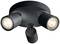 Čierne, okrúhle stropné svietidlo s tromi nastaviteľnými valcovitými svetelnými hlavicami. Dva svetelné body svietia, jeden je vypnutý.