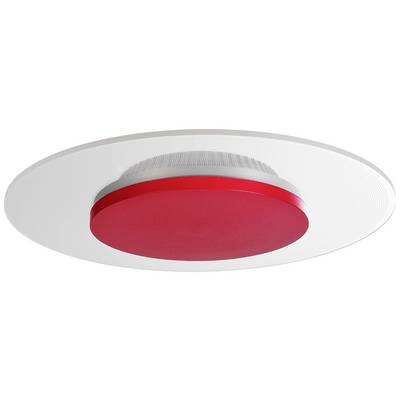 Okrúhle stropné svietidlo v červeno-bielej farbe, moderne navrhnuté, s centrálnym červeným akcentom.