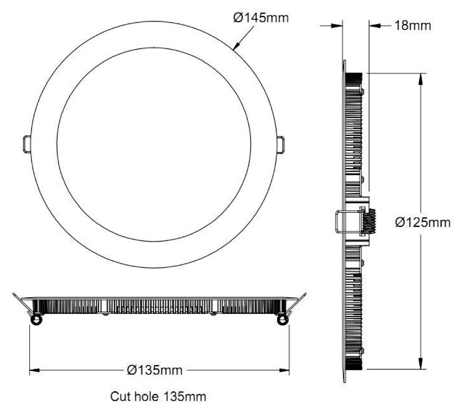 Technický výkres okrúhleho zapusteného svetla s pohľadom spredu a zboku a s rozmermi: vonkajší priemer 145 mm, hĺbka 125 mm a výrez 135 mm.
