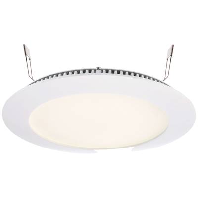 Biela, okrúhla LED podhľadová lampa s kovovými svorkami pre montáž na strop. Vyžaruje teplé, rovnomerné svetlo.