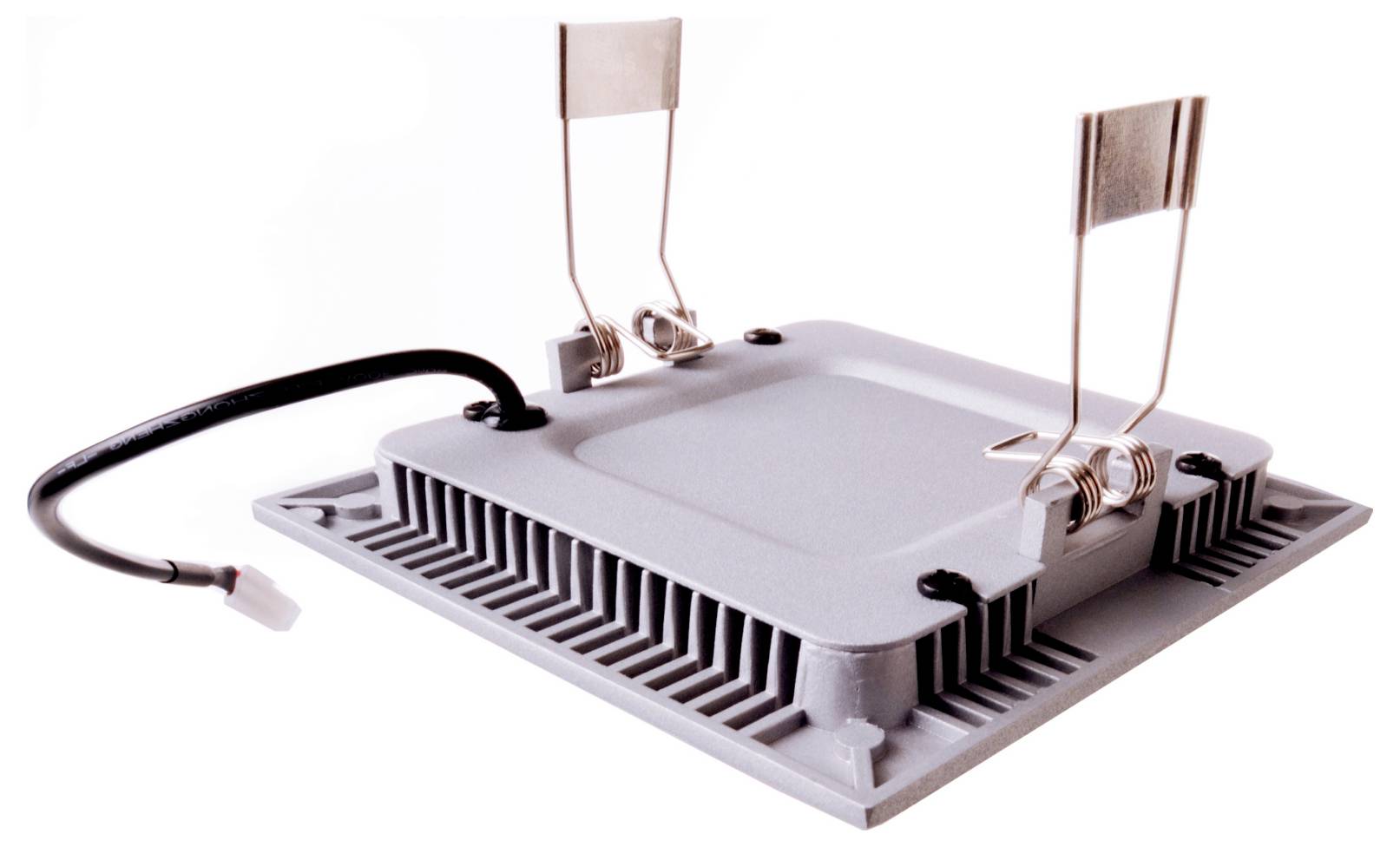 Plochý elektronický modul so sivým chladičom, čiernym káblom a dvoma zvislými pružinovými kontaktmi namontovanými na bielom podklade.