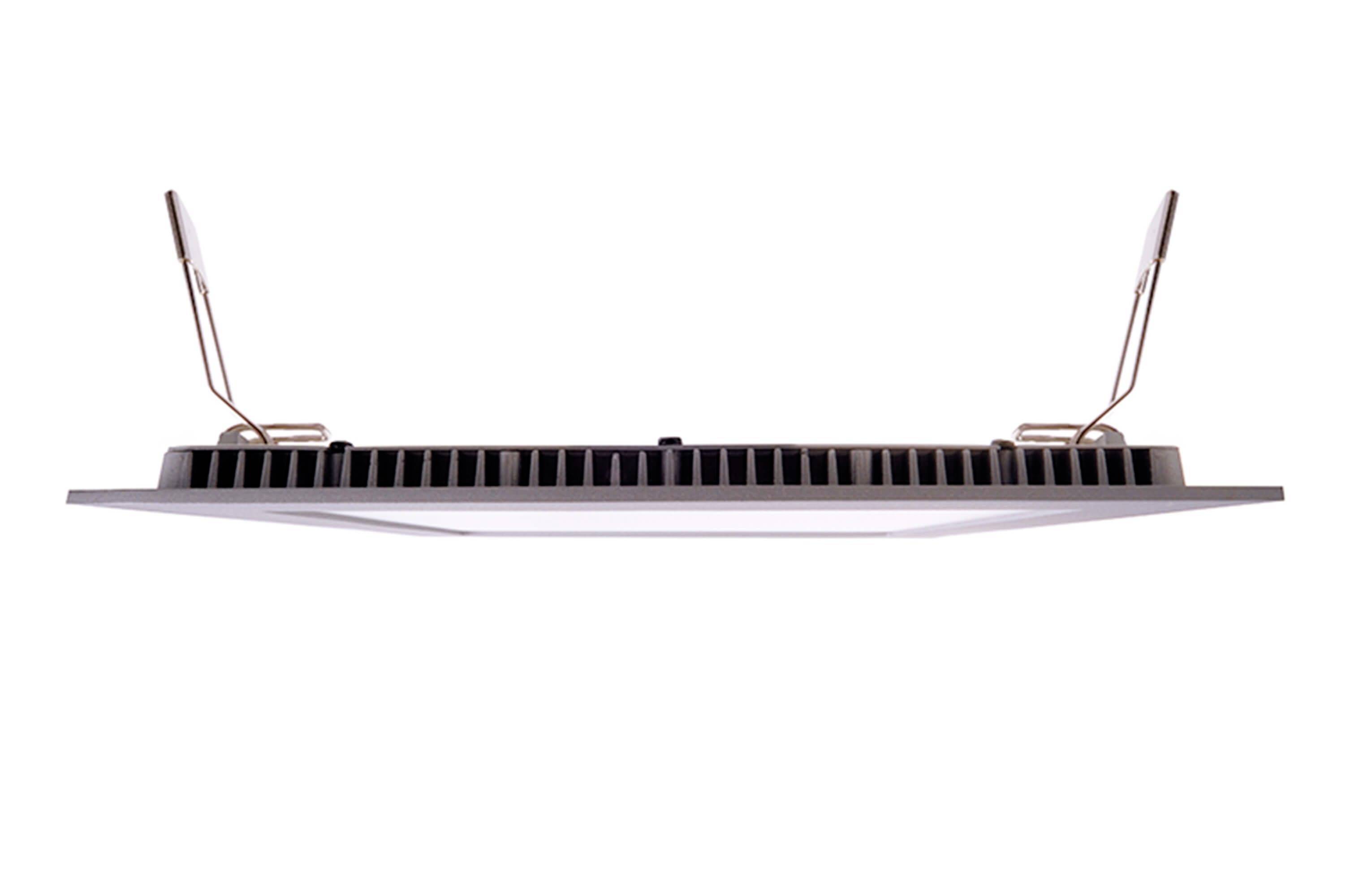 Štvorcový, plochý LED panel s klipsňami po stranách zobrazuje bočný pohľad pre montáž na strop.