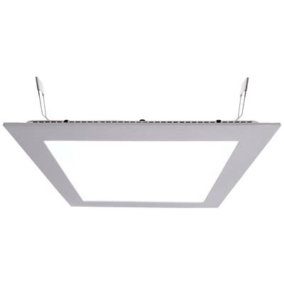 Štvorcový, plochý LED panel s úchytkami, vhodný na montáž na strop, vykazuje minimalistický dizajn.