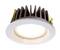 Okrúhle LED downlight so svetlým rámom a chladičom z bronzovo sfarbeného materiálu. Vyžaruje teplé svetlo.