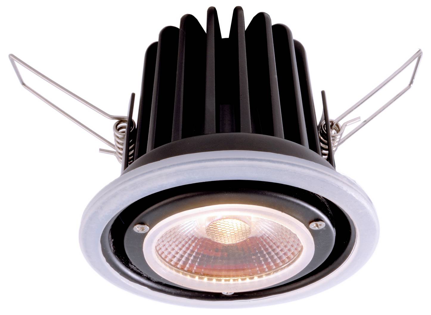 Vstavané LED downlight s čiernym chladičom, striebornou krytkou a pružinovými svorkami, zobrazené na bielom pozadí.