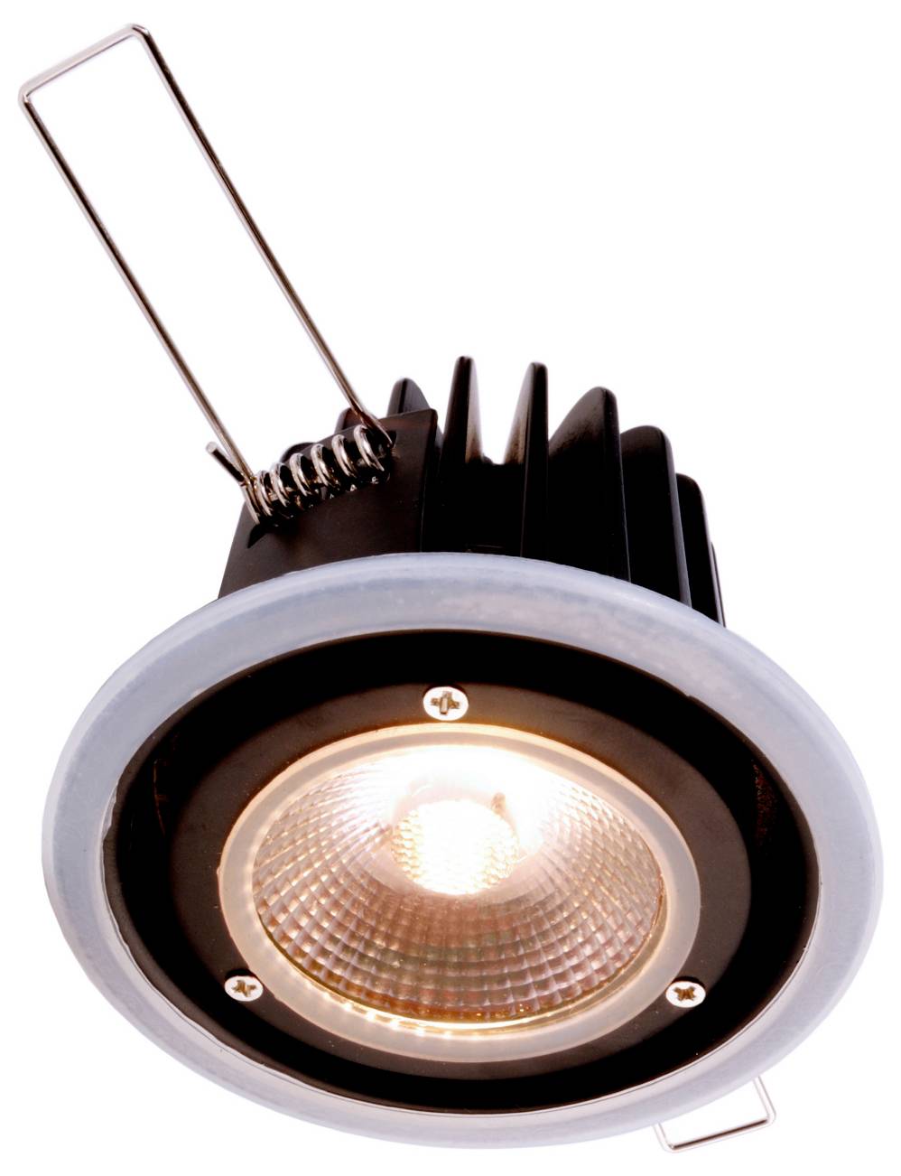 Zapustené okrúhle LED downlight svietidlo s pružinovými sponami a rozsvieteným žiarovkovým zdrojom, pohľad zdola na bielom pozadí.