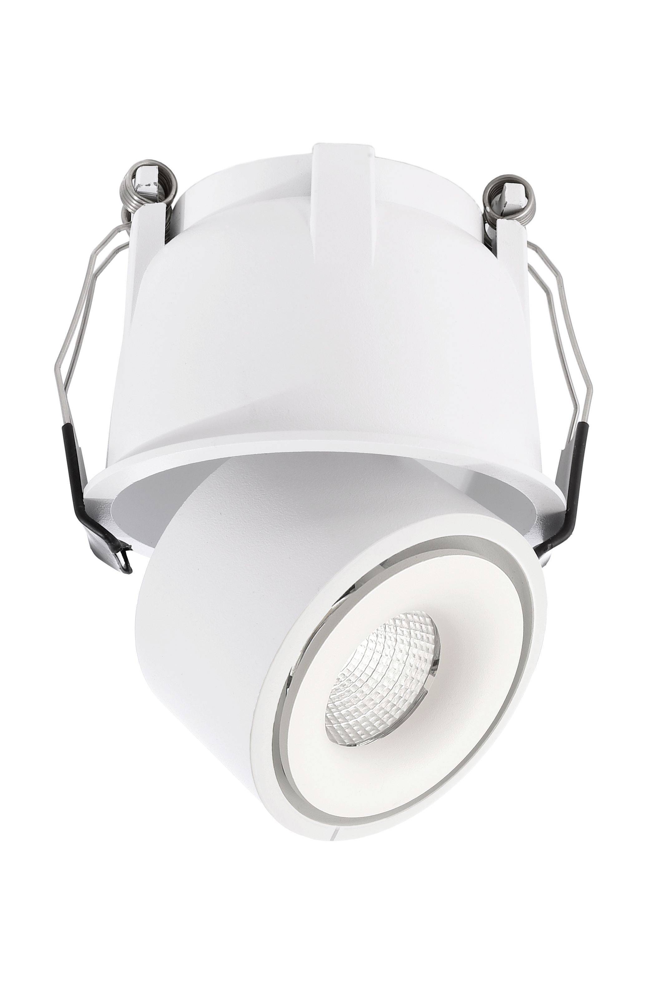 Biela, okrúhla stropná lampa s nastaviteľným reflektorom a hladkým povrchom, vhodná pre akcentové osvetlenie v moderných priestoroch.