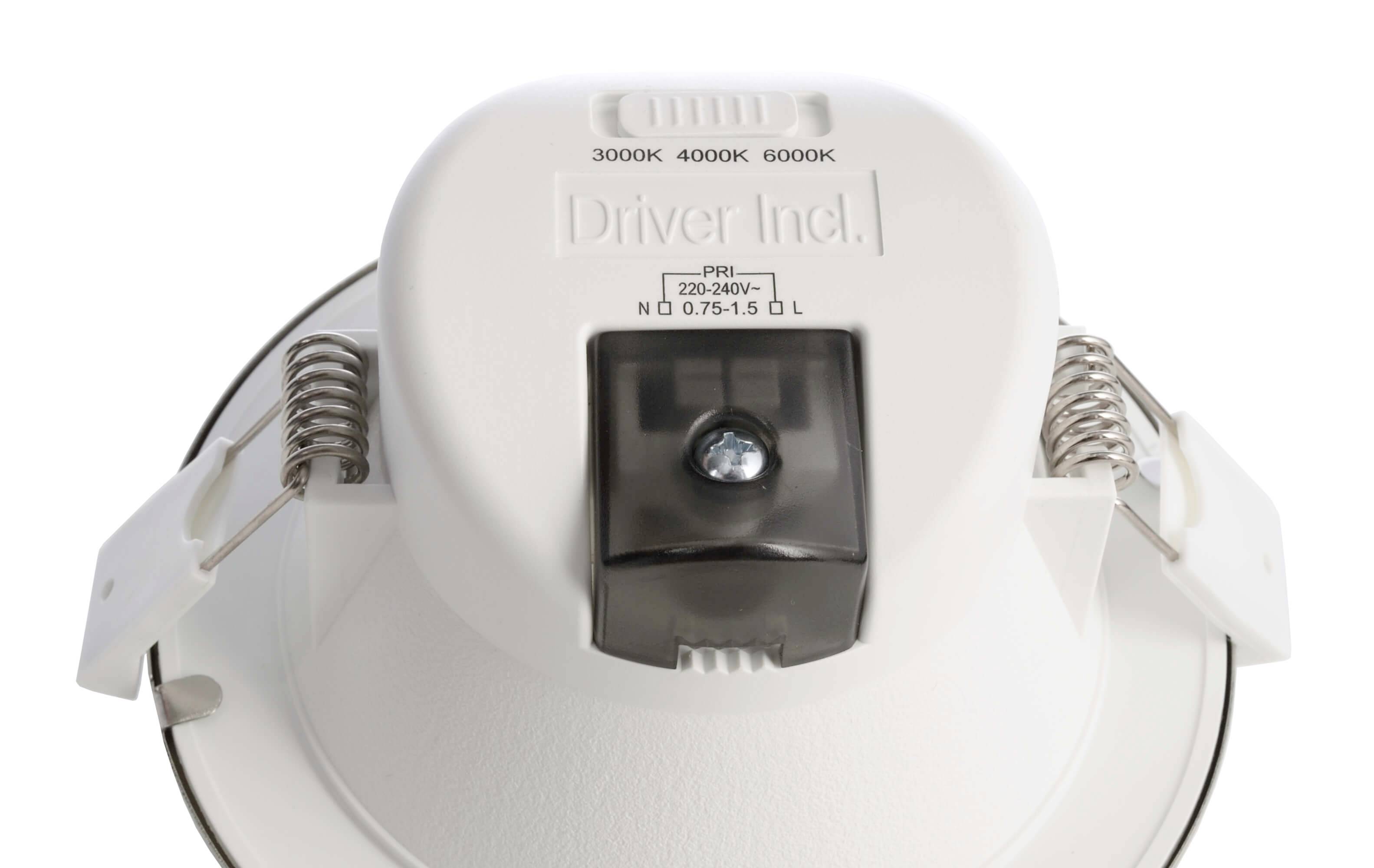 Okrúhle biele stropné svietidlo so vstavaným ovládačom, farebné teploty 3000K, 4000K, 6000K, napätie 220-240V, príkon 0,75-1,5A.