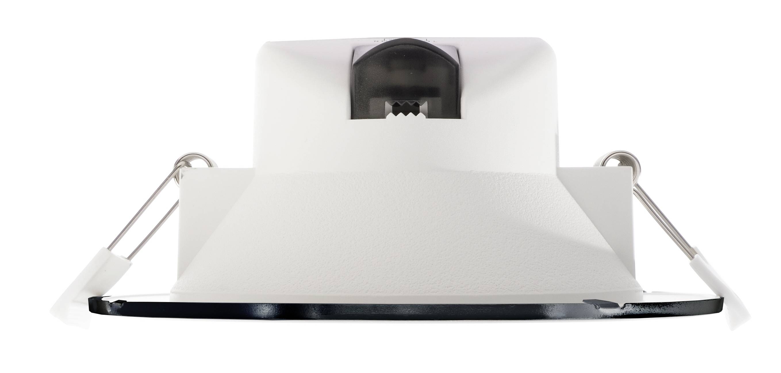 Štvorcový LED podhľadový reflektor s bielym krytom a priehľadným ochranným sklom, so stranový pružinami na inštaláciu, s nepriamym osvetlením.