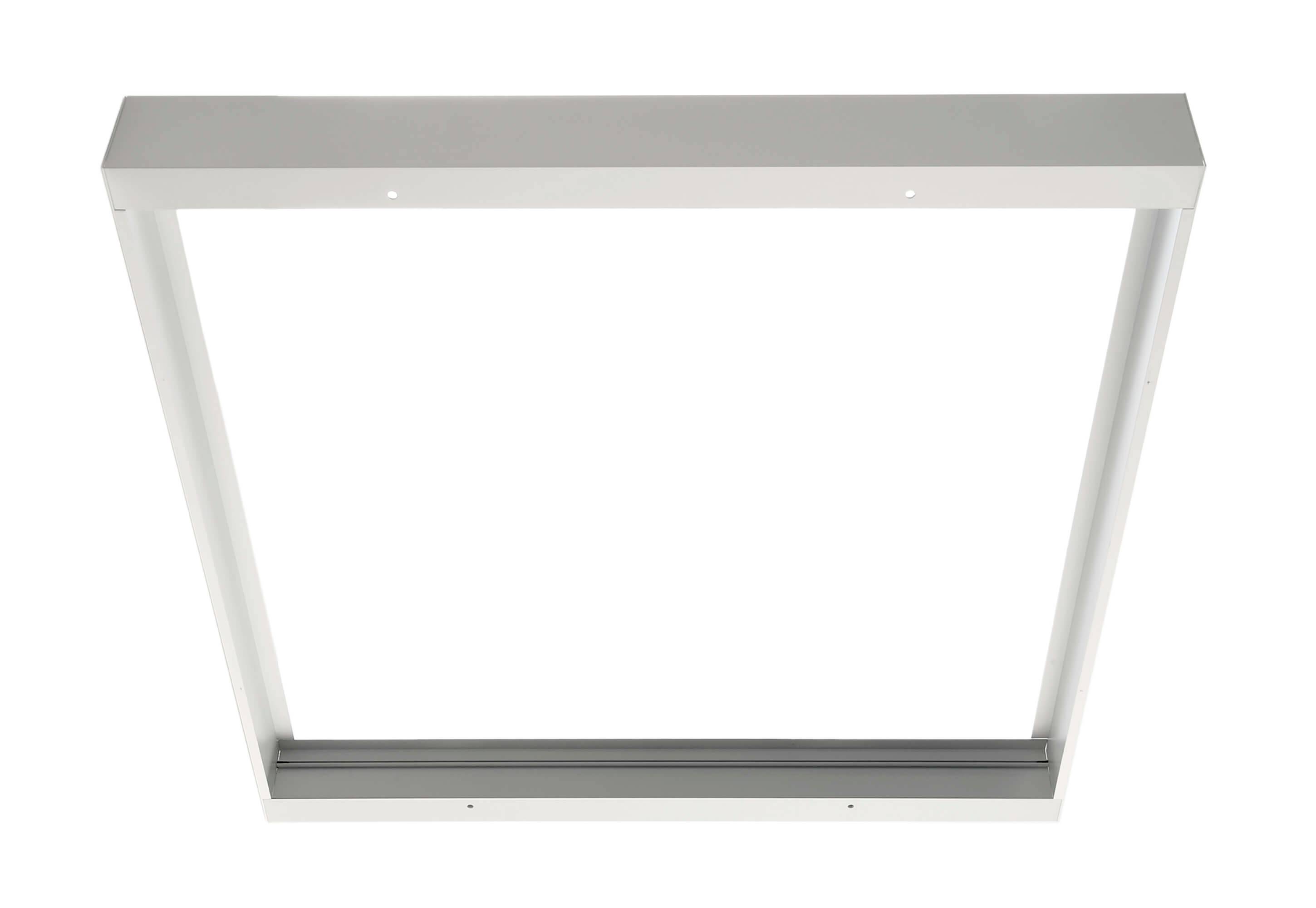 Biela štvorcová rámová konštrukcia s otvoreným vnútorným priestorom, pravdepodobne vhodná na zabudovanie alebo upevnenie stropných svietidiel.