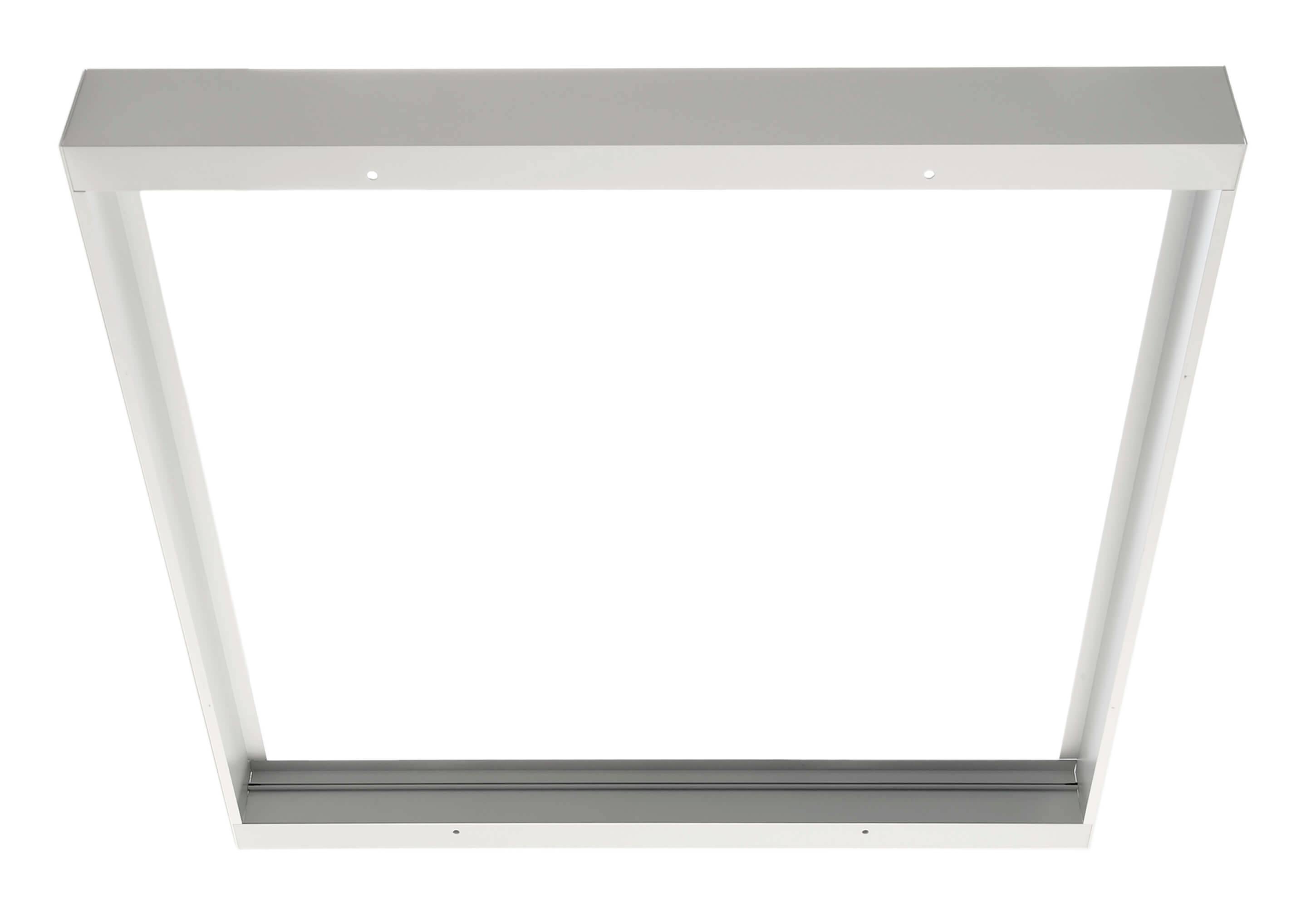 Kovový rám pre štvorcový panel, biela farba, s dvoma montážnymi otvormi na hornej strane. Vhodný pre zapustenie do stropu.