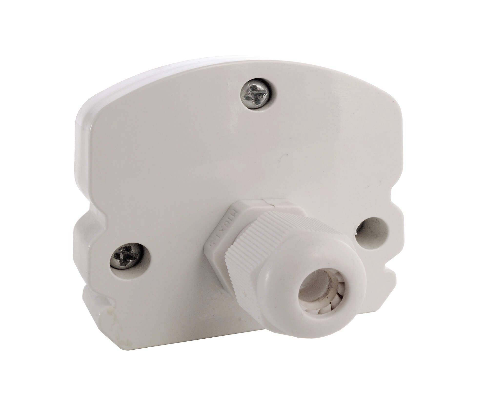 Biely káblový kanál s dvoma skrutkami na upevnenie na stenu a otvorom pre káble v strede.