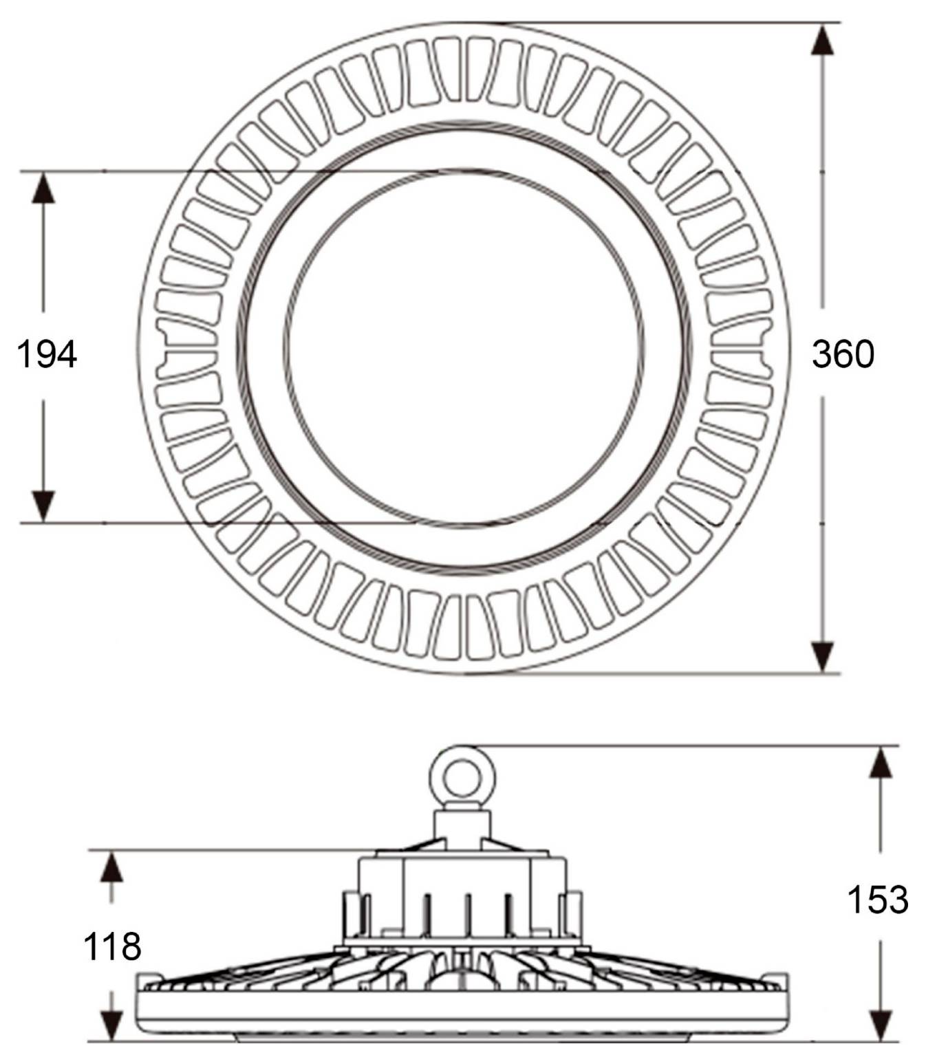 Technický výkres kruhovej súčiastky s rozmermi: celkový priemer 360 mm, vnútorný priemer 194 mm a výška 153 mm, zobrazený v pohľade zhora a zboku.