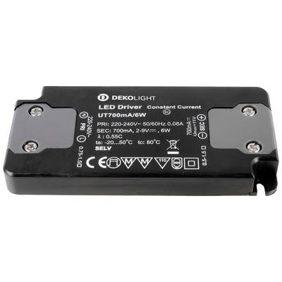 LED Driver Konštantný prúd od DEKOLIGHT, model UT700MA/6W, vstup 220-240V, 50/60Hz, 0,08A, výstup 700mA, 2-9V, 6W.