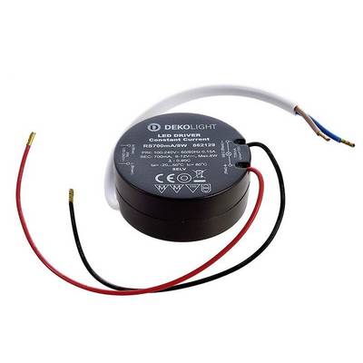 Guľatý LED driver od Dekolight, model 802129, s tromi káblami v červenej, čiernej a bielej farbe. Vhodný pre 750 mA až 1050 mA.