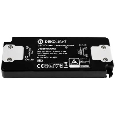 LED driver od Dekolight, model UT350mA/20W, pre konštantný prúd 350mA, vhodný pre 220-240V, maximálne 20W, teplota okolia -20 až 40°C.