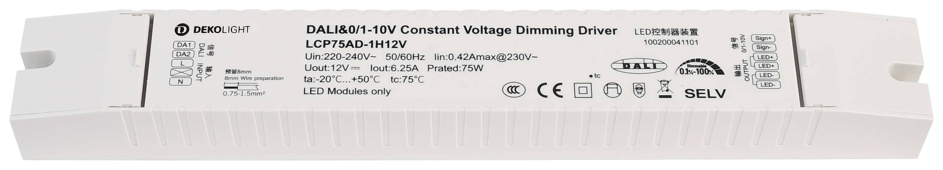 LED modul ovládač, DALI, 60-10V, konštantné napätie, stmievateľný, model LC97SAD-M1H2V, vstupné a výstupné špecifikácie vytlačené.