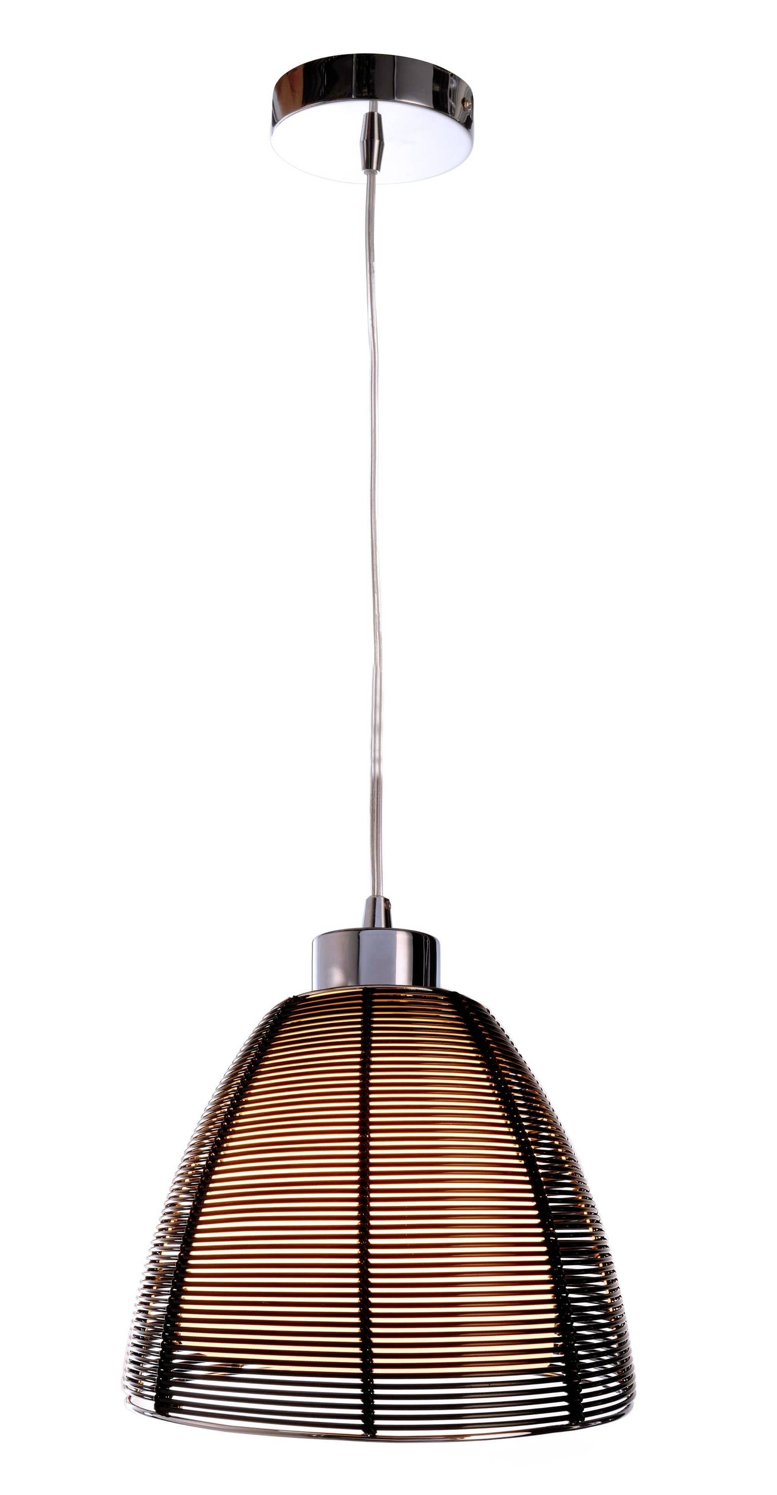 Moderná závesná lampa s čierno pruhovaným tienidlom a strieborným baldachýnom, ktorá visí na tenkom kábli od stropu.