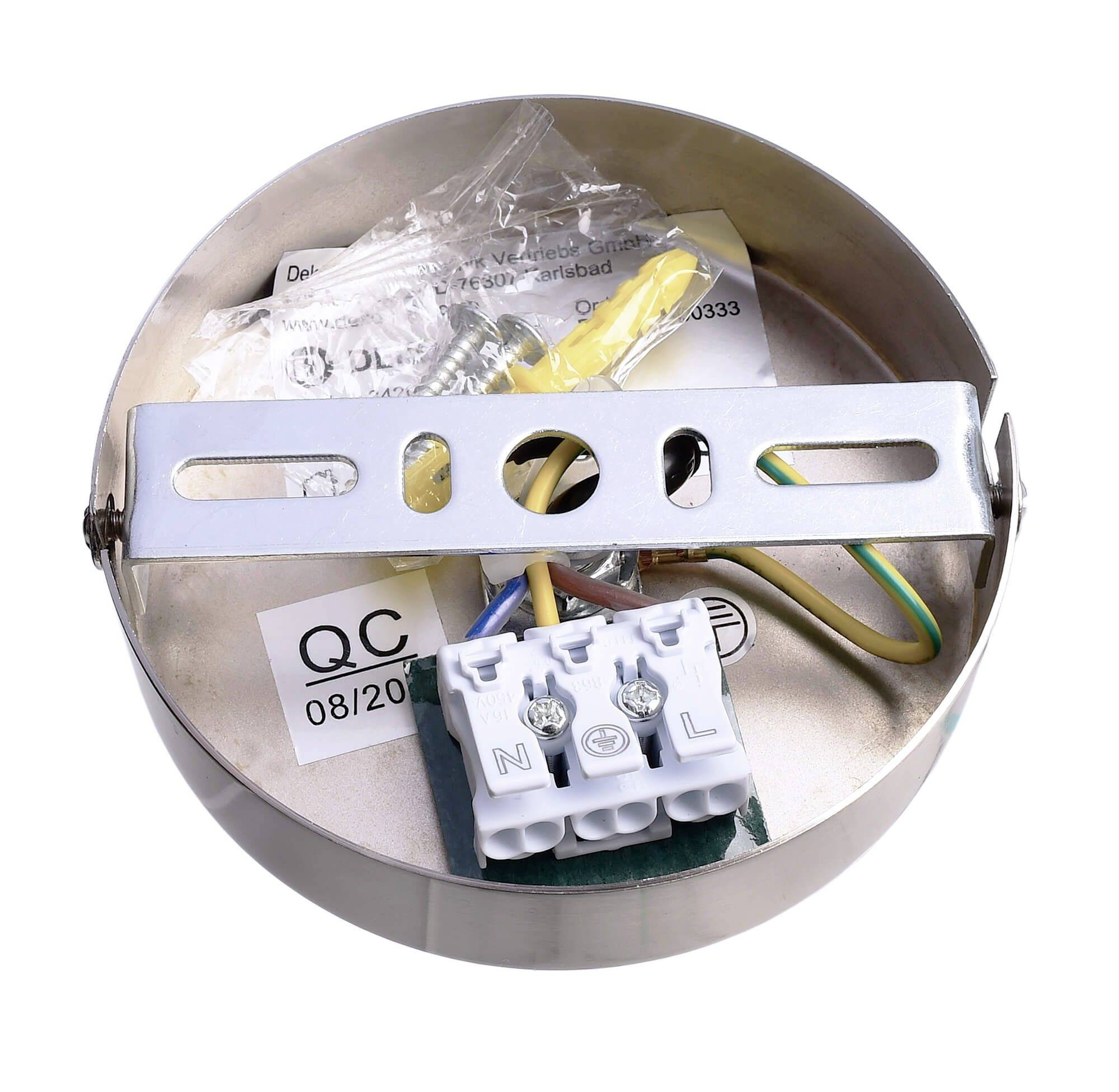 Elektrický stropný držiak s pripojovacími svorkami a káblami. Obsahuje kontrolnú nálepku a montážne príslušenstvo.