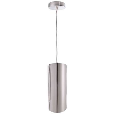 Moderná cylindrická závesná lampa z brúseného kovu so štíhlym káblom a okrúhlym stropným uchytením.
