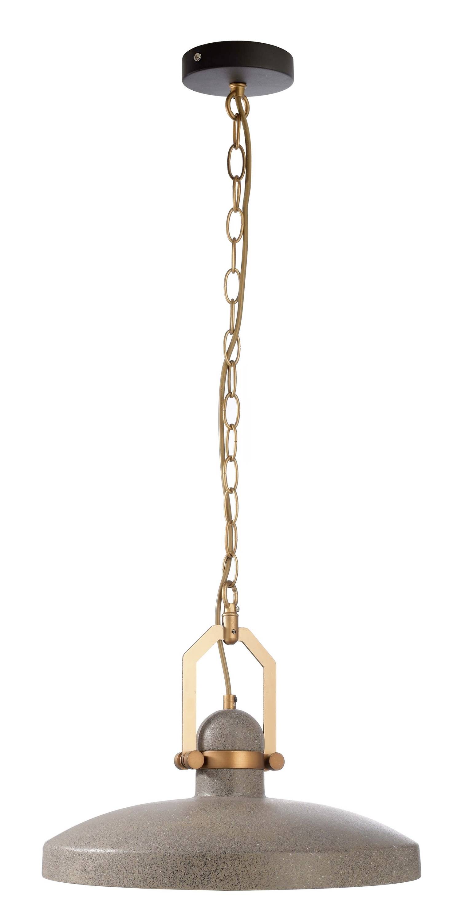 Závesné stropné svietidlo s kovovým reťazcom a širokým okrúhlym tienidlom v priemyselnom štýle.