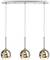 Tri závesné stropné svietidlá s guľovitými kovovými tienidlami v striebornej farbe. Sú rovnomerne umiestnené vedľa seba na dlhom nosníku.