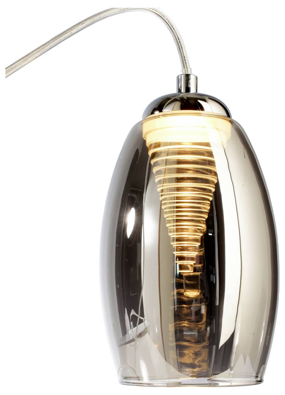 Moderná závesná lampa so žiariacim špirálovým vláknom vnútri tienidla z dymového skla na zakrivenom závesnom kábli.