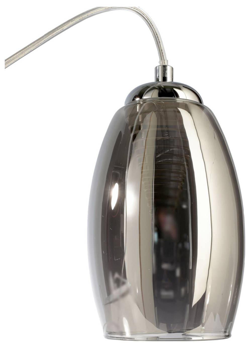 Závesná lampa s dymovo sivým skleneným tienidlom a chrómovým vrchnákom, zobrazená na bielom pozadí.