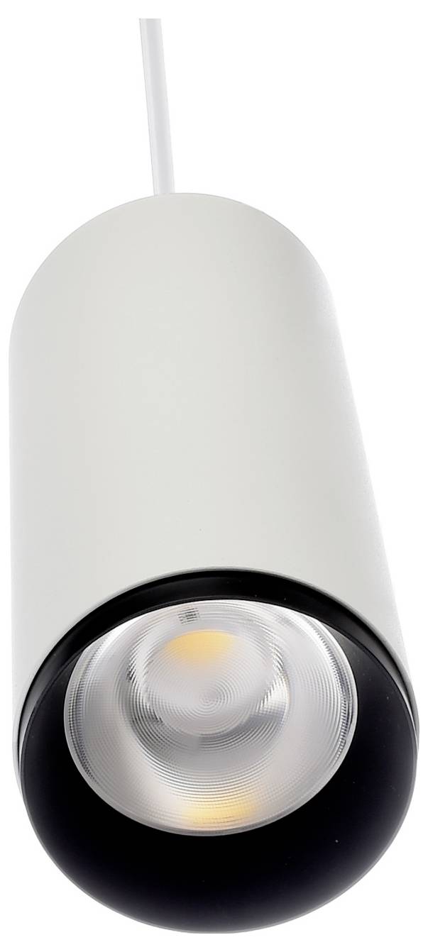 Biela valcovitá závesná lampa s čiernou spodnou stranou a viditeľnou LED šošovkou, zavesená na šnúre na bielom pozadí.