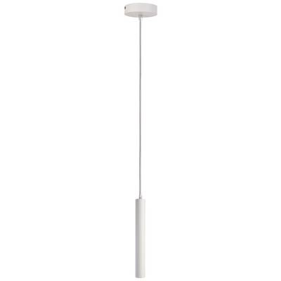 Moderná, valcovitá závesná lampa z bieleho kovu s elegantným dizajnom. Zavesenie a baldachýn sú tiež biele.