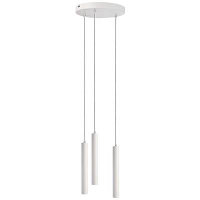 Závesná lampa s tromi valcovitými bielymi svetlami, ktoré visia na tenkých kábloch z okrúhlej stropnej konzoly.
