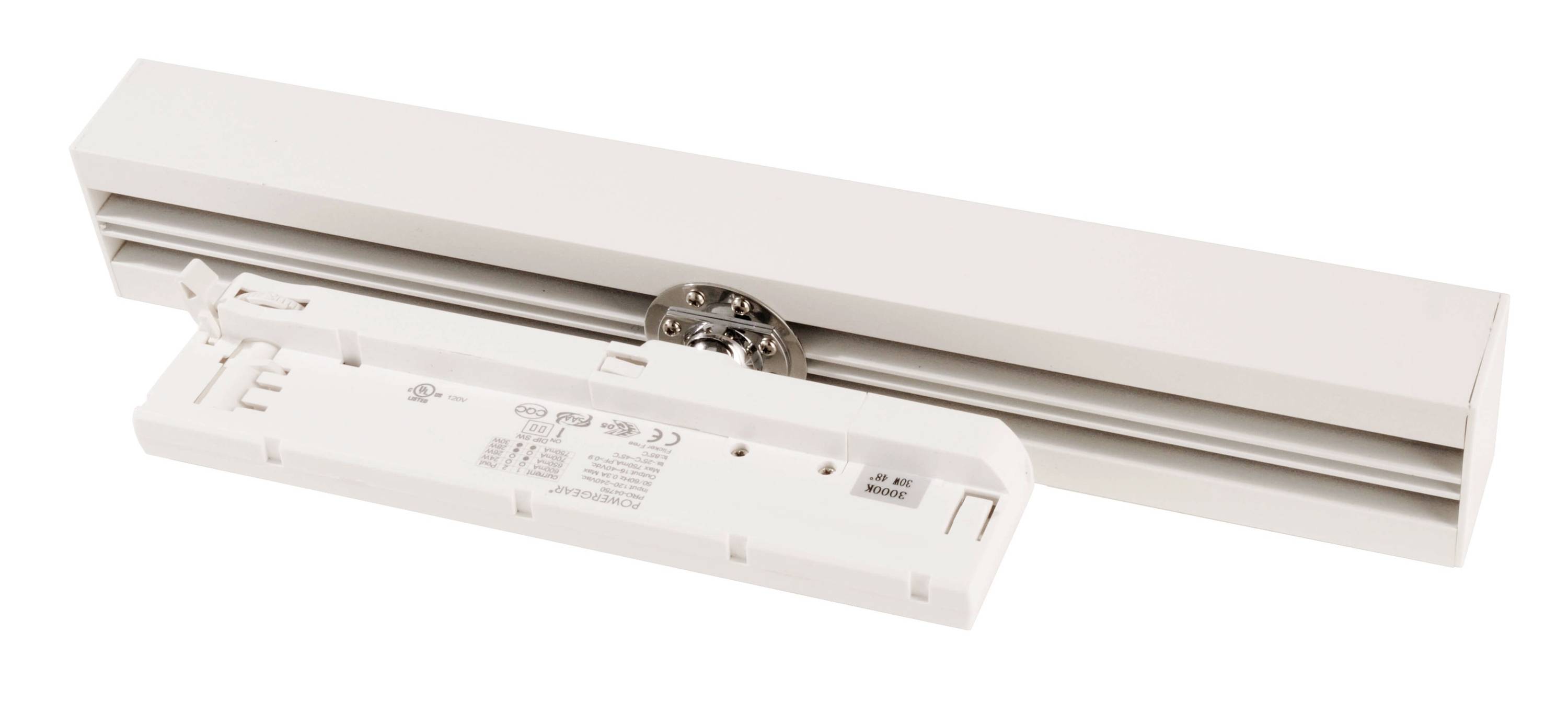 Biely elektrický pohon dverí s odnímateľným krytom, zobrazujúci vnútorné elektronické komponenty a upevňovacie detaily.