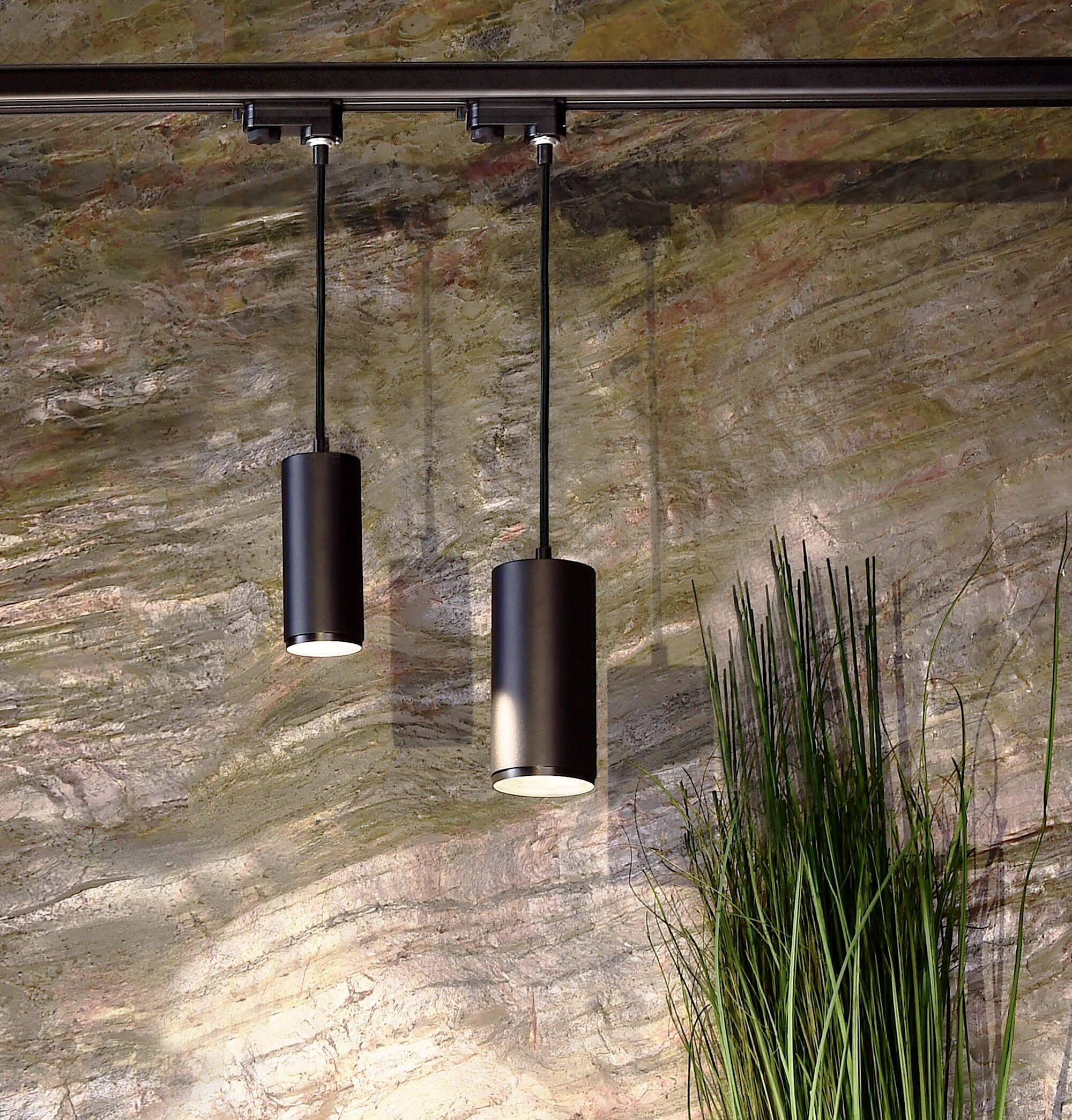 Dva čierne závesné svietidlá visia na strope pred štruktúrovanou stenou s abstraktným vzorom. Vedľa nich niekoľko vysokých tráv.